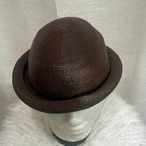 Vtg Galanos Dark Brn Glossy Hat Coiled Brim, Mod Style Round Classy